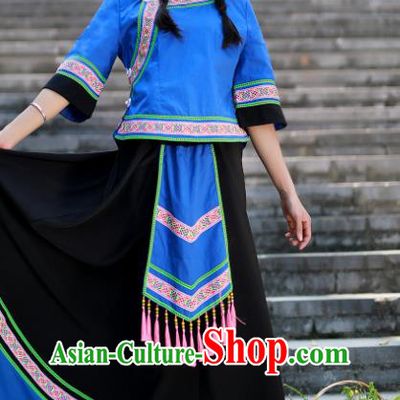 Chinese Guangxi Ethnic Performance Outfits Zhuang Nationality Woman Clothing Festival Dance Garments Bouyei Minority Folk Dance Blue Dress