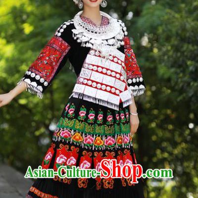 Chinese Guizhou Ethnic Festival Performance Outfits Miao Nationality Bride Wedding Clothing Hmong Minority Folk Dance Black Dress