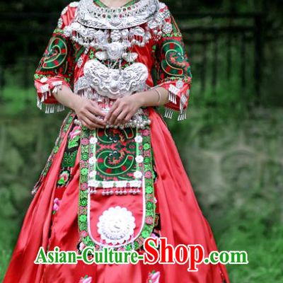 Chinese Hmong Minority Folk Dance Red Dress Guizhou Ethnic Festival Performance Outfits Miao Nationality Bride Wedding Clothing