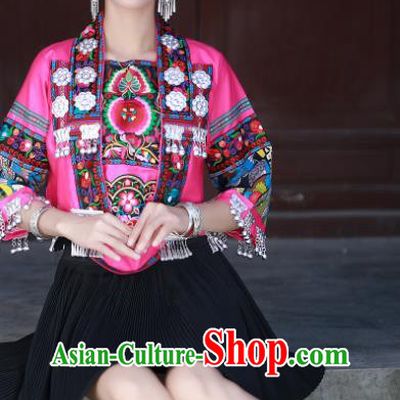 Chinese Xiangxi Ethnic Festival Performance Embroidered Outfits Miao Nationality Folk Dance Clothing Hmong Minority Female Short Dress