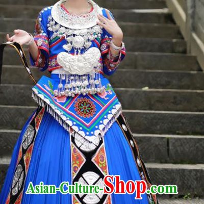 Chinese Miao Nationality Wedding Bride Clothing Hmong Minority Stage Performance Blue Dress Xiangxi Ethnic Festival Outfits