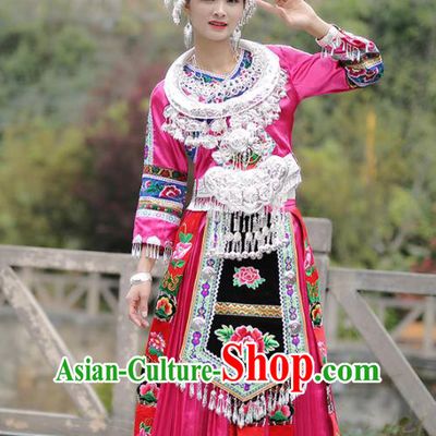 Chinese Miao Nationality Wedding Bride Clothing Hmong Minority Stage Performance Rosy Dress Xiangxi Ethnic Festival Outfits and Headpieces