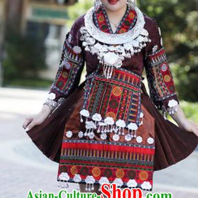 Chinese Dong Ethnic Festival Outfits Miao Nationality Wedding Bride Clothing Guizhou Minority Stage Performance Brown Short Dress