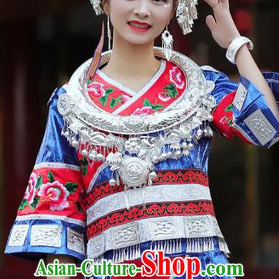 Chinese Guizhou Minority Stage Performance Blue Short Dress Dong Ethnic Festival Outfits Miao Nationality Folk Dance Clothing