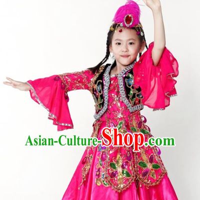 China Uyghur Nationality Girl Apparels Children Performance Costumes Xinjiang Uighur Minority Kids Dance Rosy Dress Uniforms