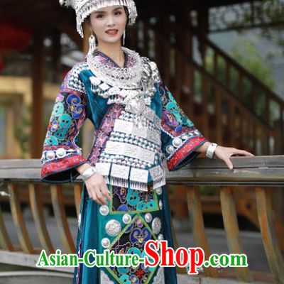 Chinese Ethnic Performance Outfits Hmong Nationality Woman Clothing Guizhou Festival Dance Garments Miao Minority Folk Dance Blue Dress and Headdress