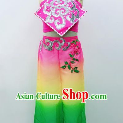 China Kids Folk Dance Clothing Children Stage Performance Rosy Suits Fan Dance Outfits Yangko Dance Costumes