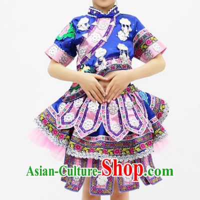 China Miao Minority Kids Dance Blue Dress Uniforms Yi Nationality Girl Apparels Ethnic Children Performance Costumes
