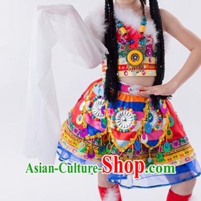 China Zang Minority Kids Dance Rosy Dress Uniforms Tibetan Nationality Girl Apparels Ethnic Children Performance Costumes