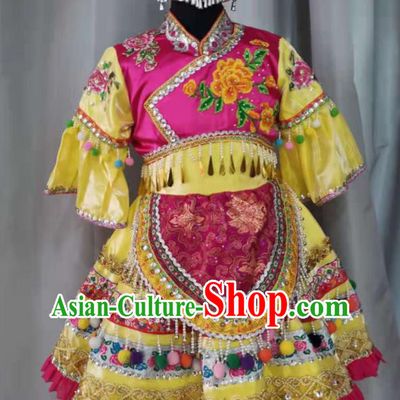 China Li Ethnic Children Performance Costumes Pumi Minority Kids Dance Yellow Dress Uniforms Miao Nationality Girl Apparels