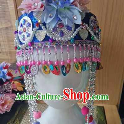 Chinese Nujiang Lisor Minority Girl Headdress Lisu Ethnic Folk Dance Blue Hat Pumi Nationality Children Headwear