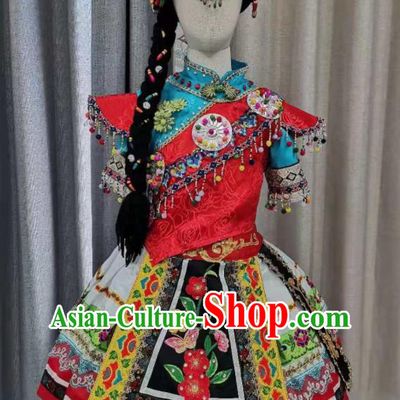 China Pumi Minority Kids Dance Dress Uniforms Lisu Nationality Girl Performance Apparels Ethnic Children Folk Dance Costumes