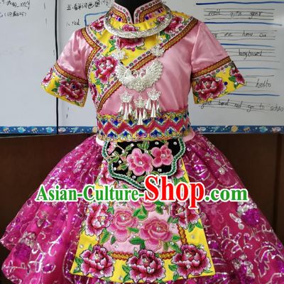 China Ethnic Children Folk Dance Costumes Pumi Minority Kids Dance Pink Dress Uniforms Li Nationality Girl Performance Apparels