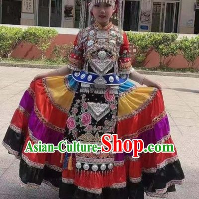 China Qiang Ethnic Folk Dance Costumes Yi Minority Children Festival Dress Uniforms Bouyei Nationality Girl Performance Apparels
