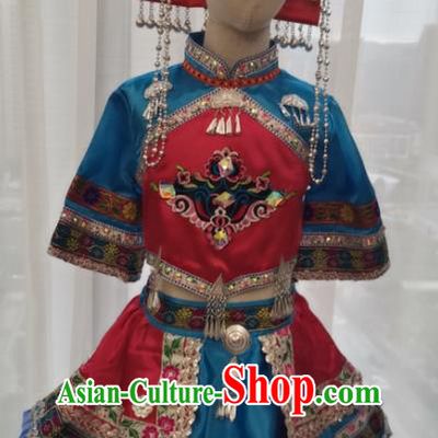 China Yi Minority Kids Blue Dress Uniforms Miao Nationality Girl Performance Apparels Ethnic Children Folk Dance Costumes