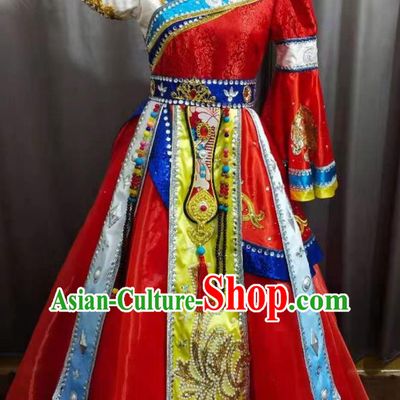China Ethnic Girl Folk Dance Costumes Zang Minority Festival Red Dress Uniforms Tibetan Nationality Children Performance Apparels