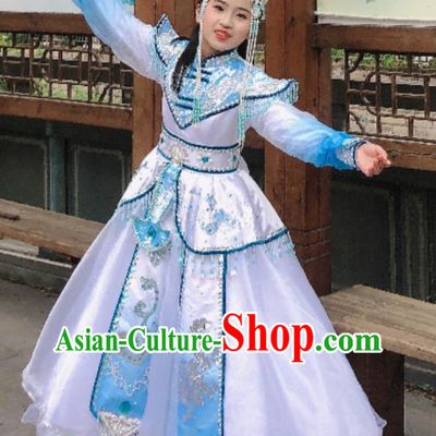 China Mongolian Nationality Children Performance Apparels Ethnic Girl Folk Dance Costumes Mongol Minority Festival White Dress Uniforms