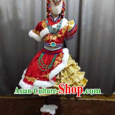 China Zang Minority Festival Short Dress Uniforms Tibetan Nationality Children Performance Apparels Xizang Ethnic Girl Folk Dance Costumes