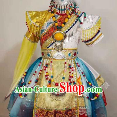 China Xizang Ethnic Girl Folk Dance Yellow Dress Zang Minority Festival Costumes Tibetan Nationality Children Performance Garments