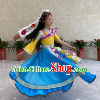 China Tibetan Nationality Children Performance Garments Xizang Ethnic Girl Folk Dance Blue Dress Zang Minority Festival Costumes