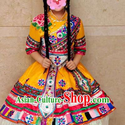 China Ethnic Children Folk Dance Costumes Zang Minority Kids Yellow Dress Uniforms Tibetan Nationality Girl Performance Apparels