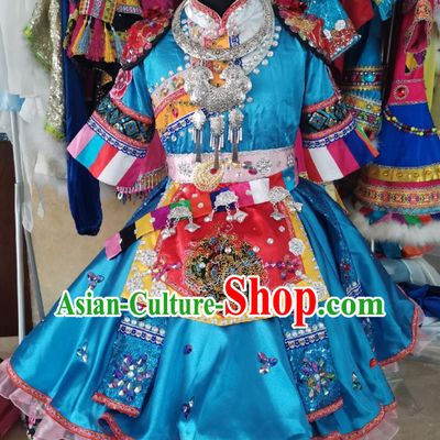 China Lisu Minority Children Blue Dress Uniforms Pumi Nationality Girl Performance Apparels Ethnic Folk Dance Costumes