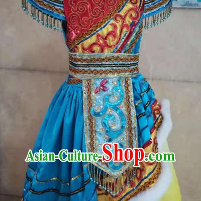 China Zang Nationality Girl Performance Apparels Ethnic Folk Dance Costumes Tibetan Minority Children Dress Uniforms