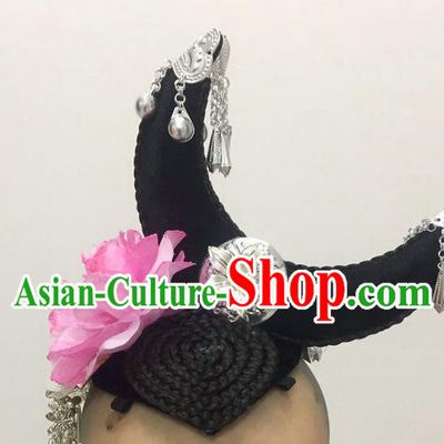 China Hmong Minority Dance Hairpieces Xiangxi Ethnic Performance Wigs Chignon Headdress Miao Nationality Folk Dance Hair Accessories