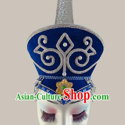 China Mongolian Ethnic Performance Blue Hat Mongolian Nationality Folk Dance Headdress Minority Dance Headwear