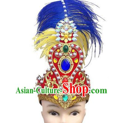 China Uyghur Nationality Folk Dance Headdress Xinjiang Minority Dance Headwear Uighur Ethnic Performance Red Feather Hat