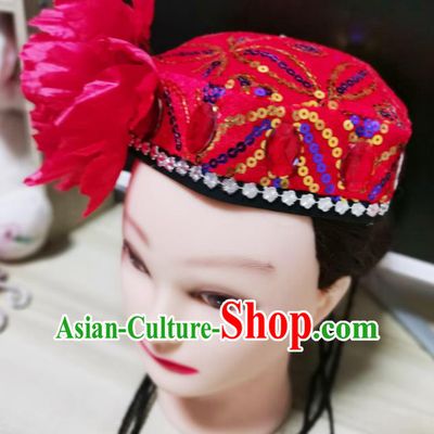 China Xinjiang Minority Dance Headwear Uyghur Ethnic Performance Headpiece Uighur Nationality Folk Dance Red Hat