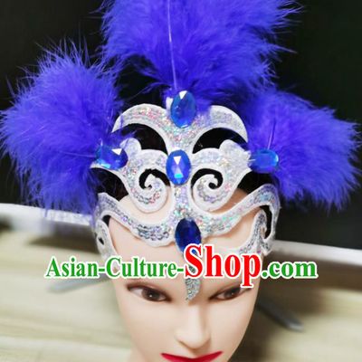 Chinese Opening Dance Hair Crown Woman Dance Blue Feather Headpiece Stage Performance Headdress Classical Dance Hair Accessories