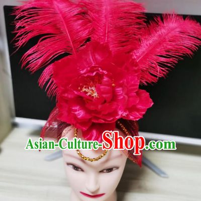 Chinese Stage Performance Headdress Modern Dance Headpiece Opening Dance Red Peony Hair Crown Woman Group Dance Hair Accessories