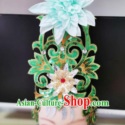 Chinese Modern Dance Headpiece Opening Dance Green Peony Hair Crown Woman Group Dance Hair Accessories Stage Performance Headdress