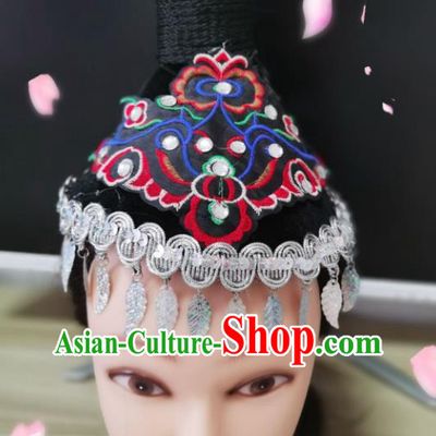 China Dong Nationality Folk Dance Black Hat Xiangxi Minority Dance Headwear Yi Ethnic Performance Headpiece