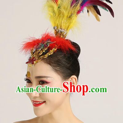Chinese Folk Dance Headwear Yangko Dance Feather Hair Crown Woman Group Dance Hair Accessories Stage Performance Headpiece