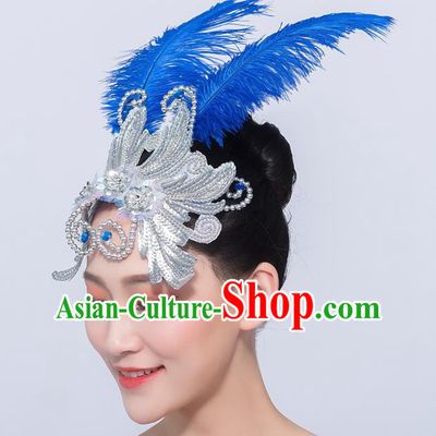 Professional Fan Dance Blue Feather Hair Stick Opening Dance Headdress Yangko Dance Headpiece Folk Dance Hair Accessories