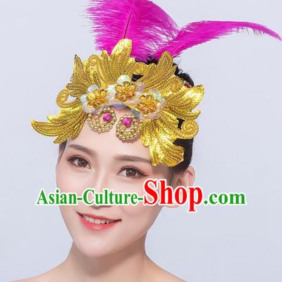 Professional Folk Dance Hair Accessories Fan Dance Rosy Feather Hair Stick Opening Dance Headdress Yangko Dance Headpiece