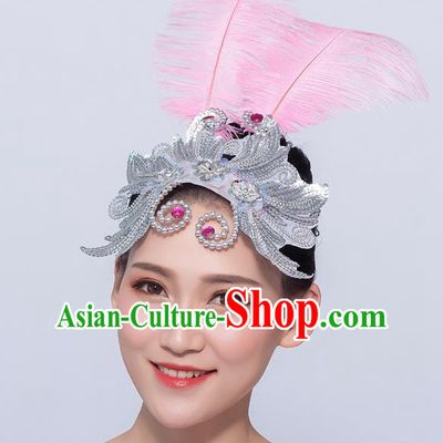 Professional Opening Dance Headdress Yangko Dance Headpiece Folk Dance Hair Accessories Fan Dance Pink Feather Hair Stick