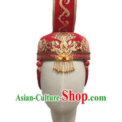China Mongol Nationality Dance Headwear Minority Folk Dance Red Hat Mongolian Ethnic Performance Headdress