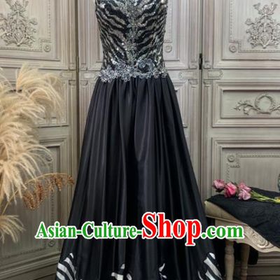 Vintage Annual Meeting Formal Attire Black Sequins Full Dress Ballroom Dance Clothing European Party Garment Costume