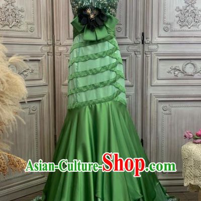 Top Annual Meeting Formal Attire Wedding Green Trailing Full Dress Waltz Dance Embroidery Sequins Clothing European Vintage Garment Costume