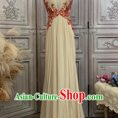 Top European Vintage Garment Costume Annual Meeting Formal Attire Wedding Beige Full Dress Waltz Dance Embroidery Sequins Clothing