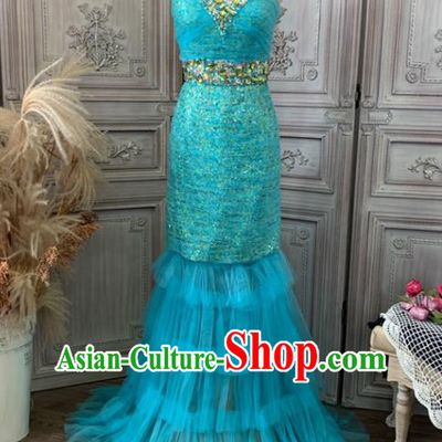 Top Wedding Blue Veil Fishtail Full Dress Waltz Dance Clothing European Princess Garment Costume Annual Meeting Formal Attire