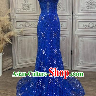 Top European Court Garment Costume Annual Meeting Formal Attire Wedding Royalblue Lace Full Dress Compere Performance Clothing