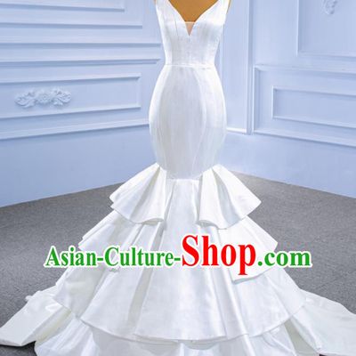 Custom Stage Performance Garment Costume Luxury Bridal Gown Wedding Dress Bride White Satin Fishtail Dress