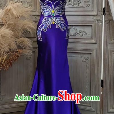 Top Annual Meeting Dance Formal Attire Wedding Embroidery Diamante Royalblue Full Dress Compere Performance Clothing European Court Garment Costume
