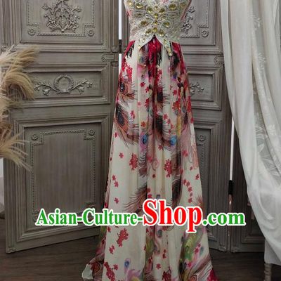 Top European Printing Peacock Garment Costume Annual Meeting Dance Formal Attire Wedding Diamante Full Dress Compere Performance Clothing