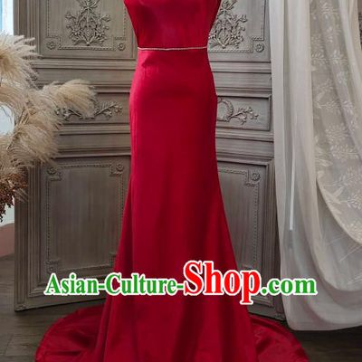 Top Compere Performance Clothing European Bride Garment Costume Annual Meeting Dance Formal Attire Wedding Red Satin Trailing Full Dress