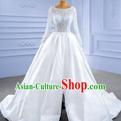 Custom Lace Wedding Dress Ceremony Formal Garment Bride White Satin Trailing Dress Stage Performance Costume Luxury Bridal Gown